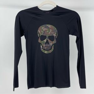 Commando Camo Skull Black Long Sleeve Stretch Knit Top, Women's Small